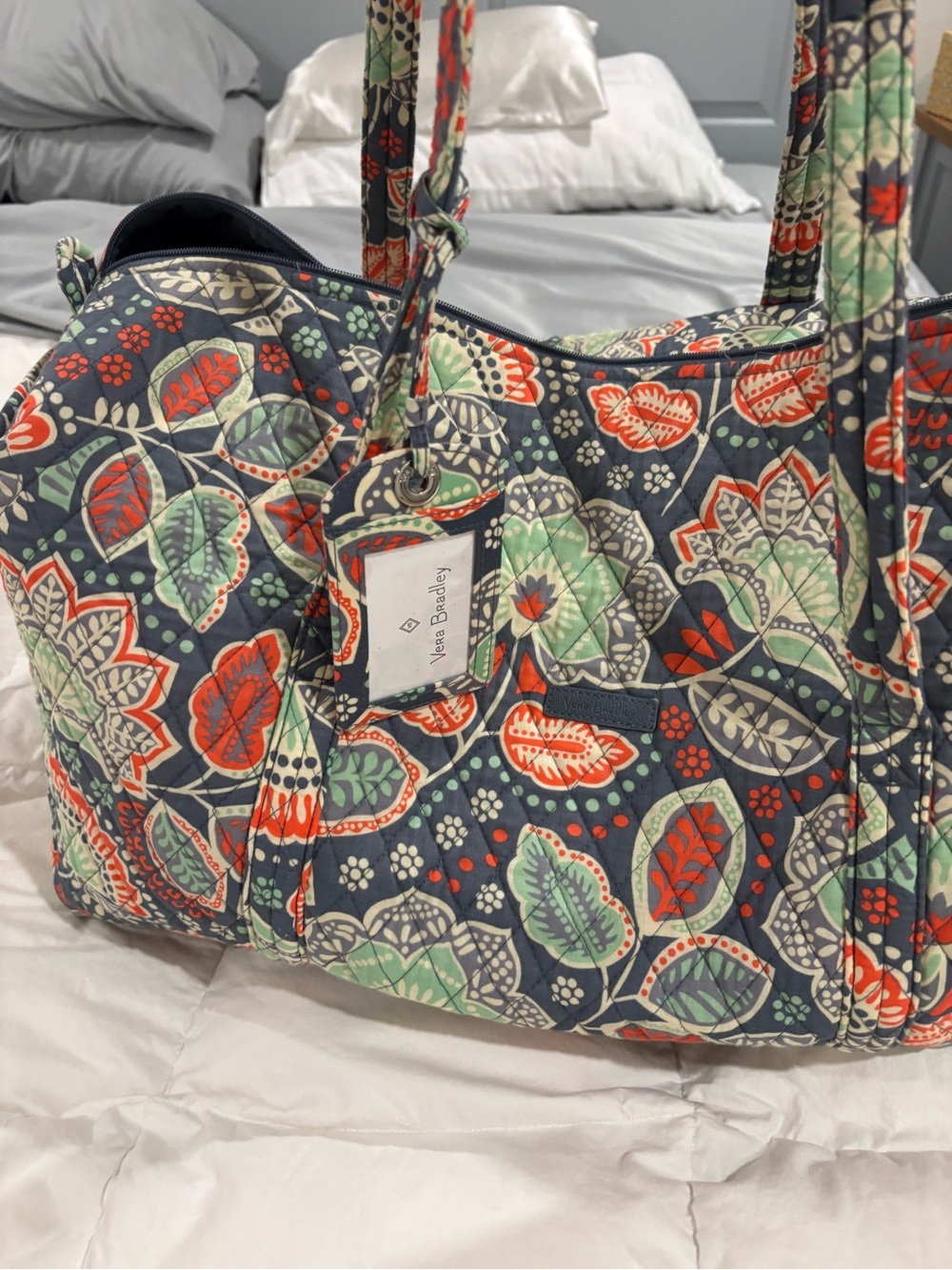 Quilted Floral Tote Bag in Periwinkle , Coral & Mint